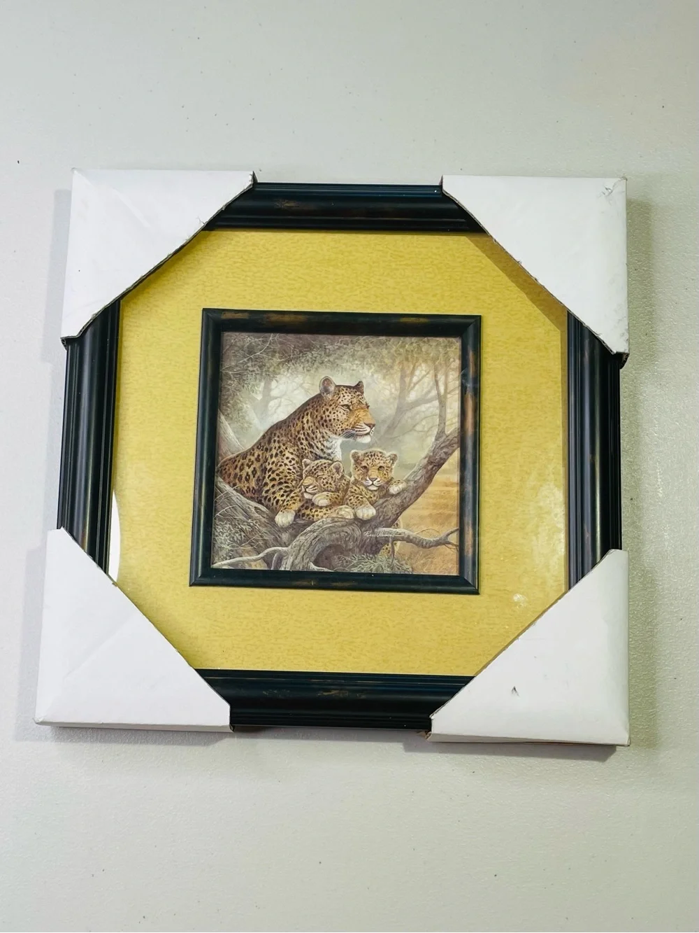 NWT Framed Leopard Family Wall Art by Ruane Manning - Yellow Mat Black Frame